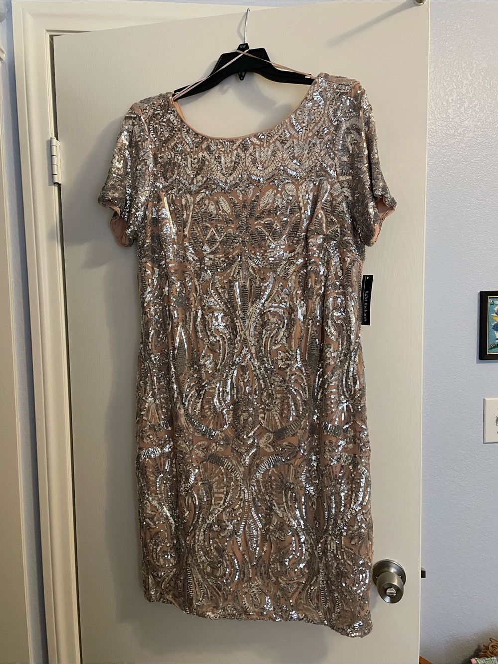 R&M Richards Nude and Silver Sequin Short Sleeve Cocktail Dress